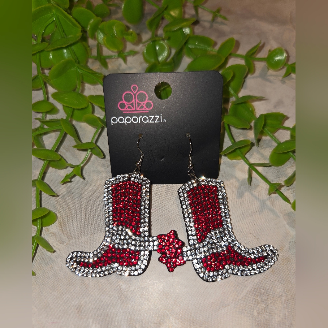 Paparazzi Glam Red And Silver Boot Earrings